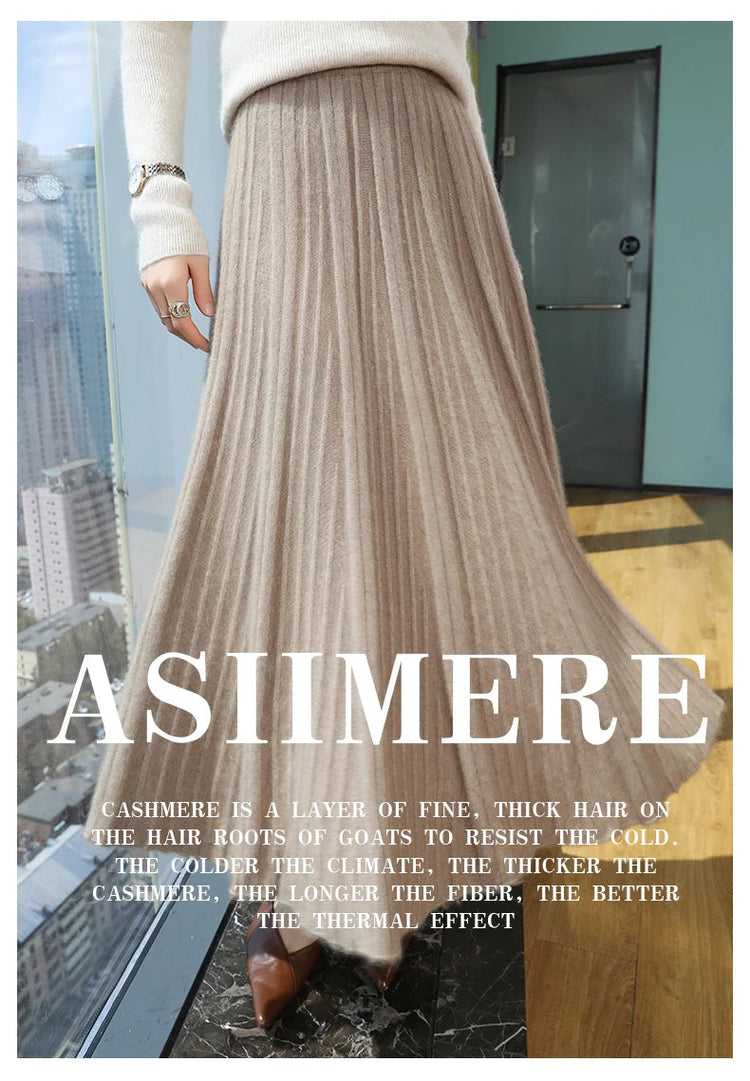 FRSEUCAG Autumn and winter women's warm half skirt 100% mink cashmere pleated skirt thick long skirt soft and loose fashionable PlatiNum
