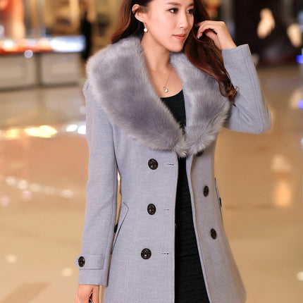 Mid Length Wool Coats Women Fur Collar Splice Blends Korean Full Sleeve Double Breasted Lace Up Belt Thick Warm Winter Jackets
