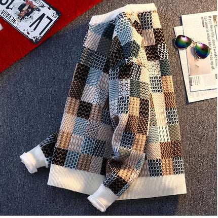 New Fashion Men Plaid Pullover Winter Sweaters Outwear Loose Casual Knitted Sweaters Male O-neck Pullovers Sweatercoats Size 4XL