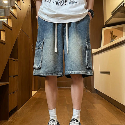 Pantaloncini di jeans cargo da uomo estivi Baggy dritti Moda Casual Pantaloni corti a gamba larga Tasca grande Jeans corti per vacanze al mare Uomo