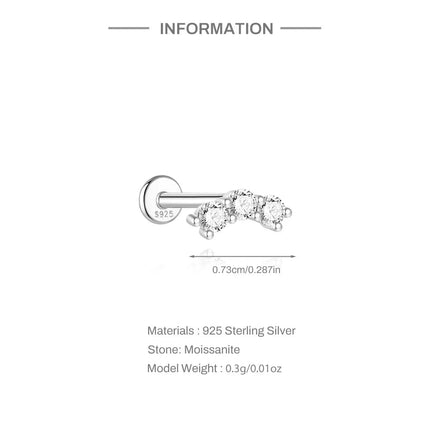 BOAKO 925 Sterling Silver Moissanite 2/3/4mm Round  For Woman 1 Piece geometric Piercing Earrings Party Wedding Fine Jewelry PlatiNum