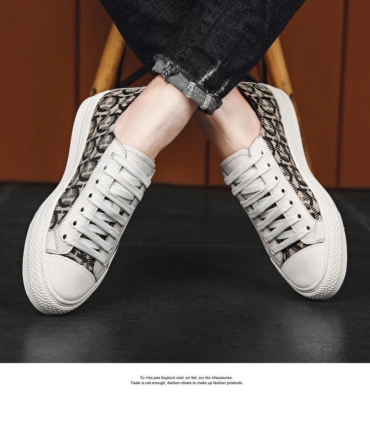 New Shoes for Men Genuine Leather Patchwork Casual Shoes Trend Flat Skateboard Shoes Youth Cool Lace-up Sneakers