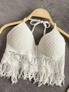 Sexy Boho Strandurlaub Neckholder Tank Top Damen Häkelstrick Badeanzug BH Rückenfrei Weste Hohl Quaste Cami Crop Top für Damen
