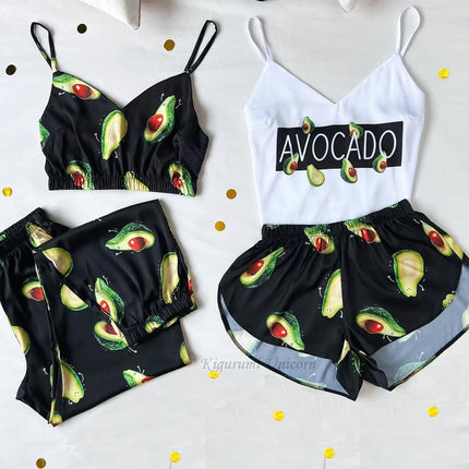 Set da 4 pezzi pigiameria da donna in raso di seta pigiama Set estivo con scollo a v cinturino da notte pigiama Homewear Fox Animal Flower Print Clothes