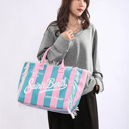 Borsa tote a righe da donna con colori contrastanti Borsa a tracolla con lettere alla moda Borsa da pendolarismo per ascelle di grande capacità