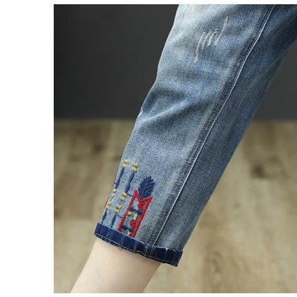 AmaxluluE Jeans larghi strappati da donna alla moda estiva Pantaloni in denim ricamati per il tempo libero da donna Pantaloni Harem elastici da donna vintage