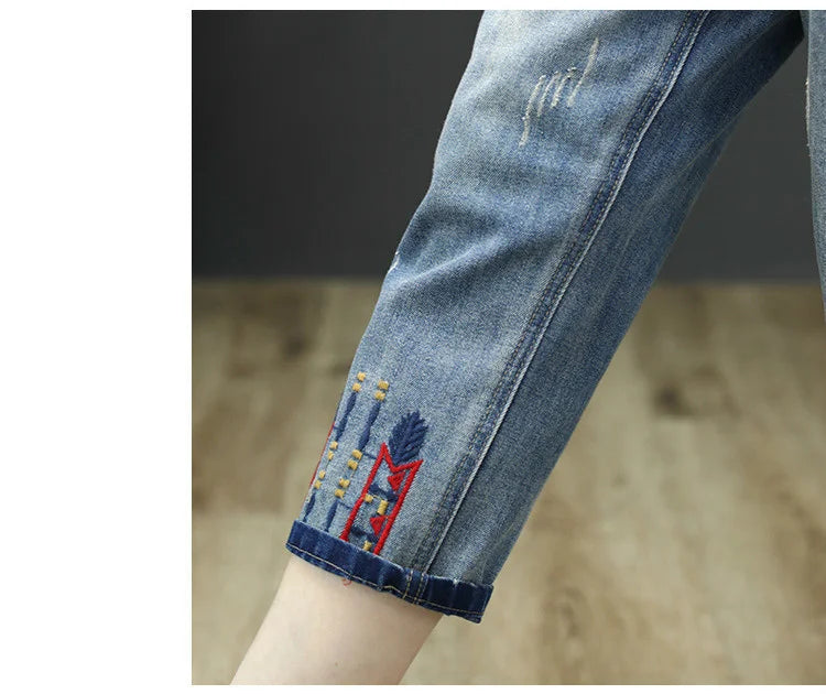 AmaxluluE Jeans larghi strappati da donna alla moda estiva Pantaloni in denim ricamati per il tempo libero da donna Pantaloni Harem elastici da donna vintage