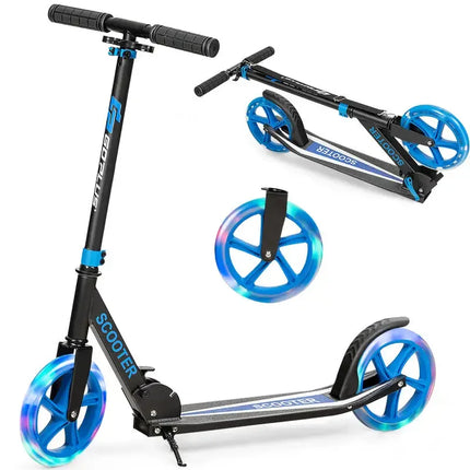 Monopattino pieghevole e regolabile con 2 grandi ruote e luci a LED - Blu