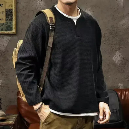 Spring and Autumn New Men Henley neck T Shirt Long Sleeve Casual  Solid color T-Shirt Fashion Waffle Fake two-piece Sweatshirts PlatiNum