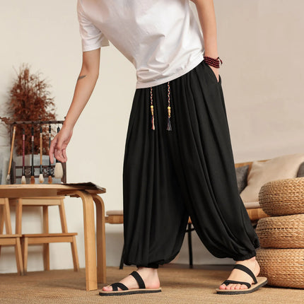 Pantaloni Larghi in Lino da Uomo, Tinta Unita, Casual e Comodi, Stile Harun, Moda Harajuku, Taglie Fino alla 8XL