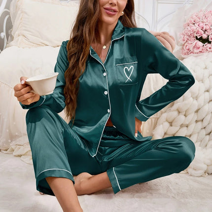 Vestiti per la casa delle donne Pigiama in raso Autunno Tasca a maniche lunghe Ricamo a forma di cuore Top e pantaloni Pigiama Femme Loungewear Pj Set