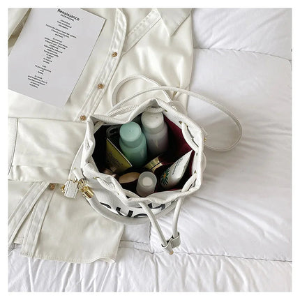 Spring New Fashion Letter PU Leather Bucket Bag Women Simple City Style Shoulder Handbag Trendy Crossbody Satchel Handbag PlatiNum