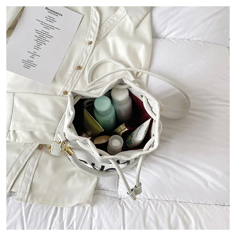 Spring New Fashion Letter PU Leather Bucket Bag Women Simple City Style Shoulder Handbag Trendy Crossbody Satchel Handbag PlatiNum