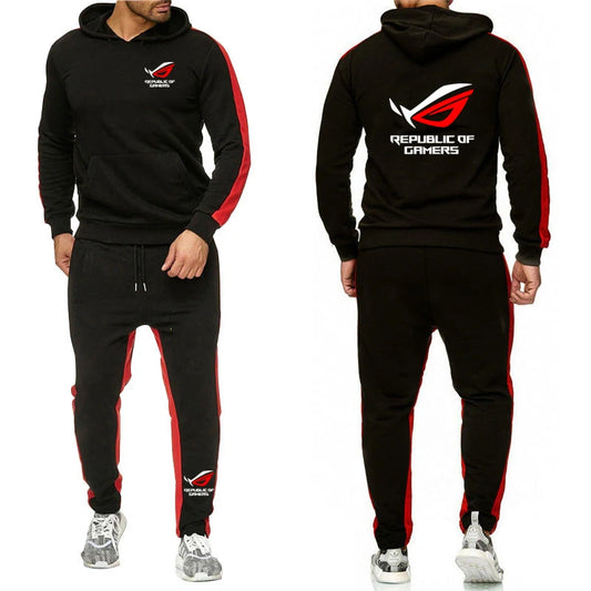 Uomo ROG Republic Of Gamers tuta con cappuccio tinta unita Pullover spesso pantalone lungo 2 pezzi Set autunno Fleece Jogger tuta sportiva