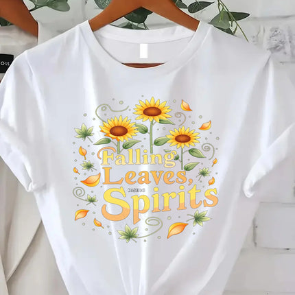 Comoda maglietta da donna con stampa "T-shirt Falling Leaves Rising Spirits - Maglietta con grafica floreale autunnale"