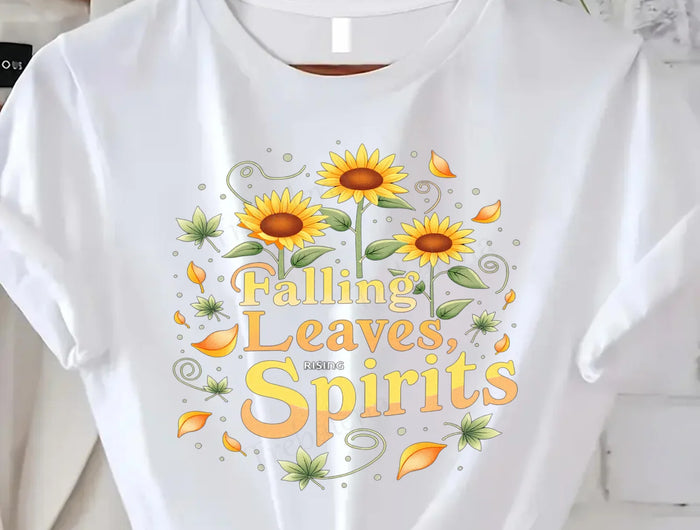 Comoda maglietta da donna con stampa "T-shirt Falling Leaves Rising Spirits - Maglietta con grafica floreale autunnale"