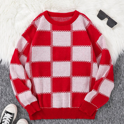 Retro Trendy Plaid Jacquard Pattern Pullover Sweater Casual Round Neck Color-Block Knit Men's Pullover