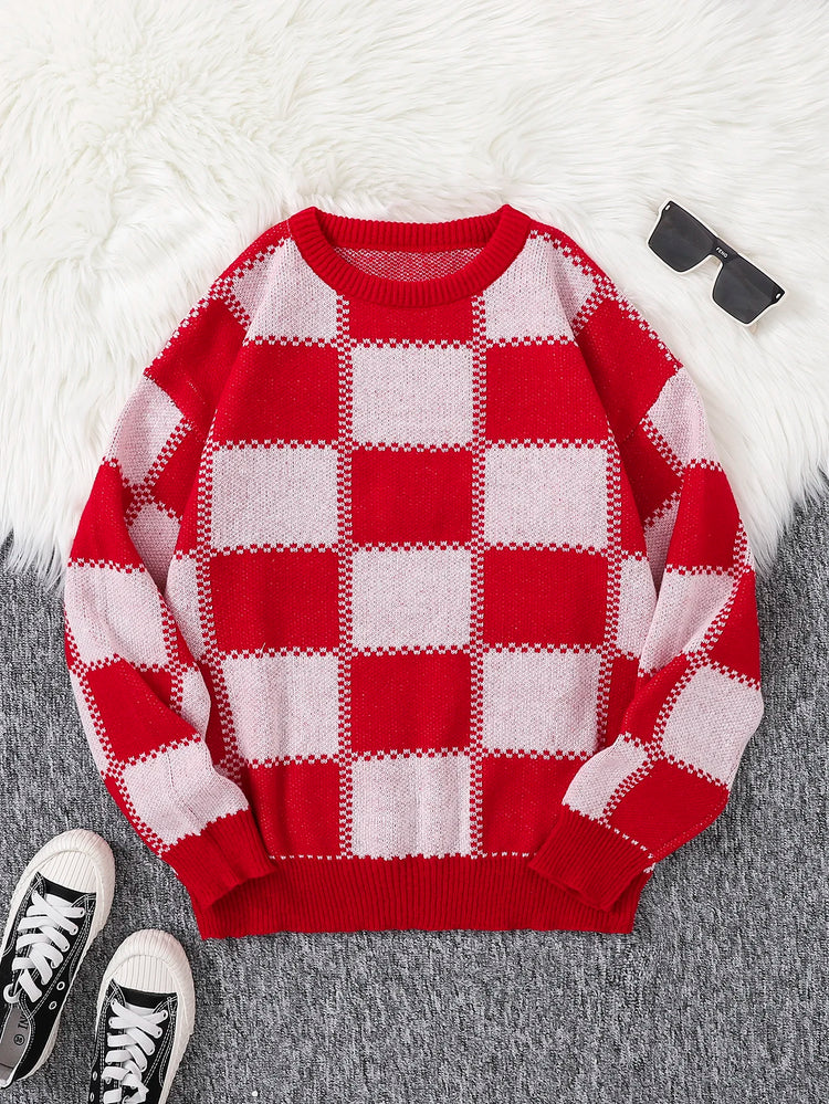 Retro Trendy Plaid Jacquard Pattern Pullover Sweater Casual Round Neck Color-Block Knit Men's Pullover