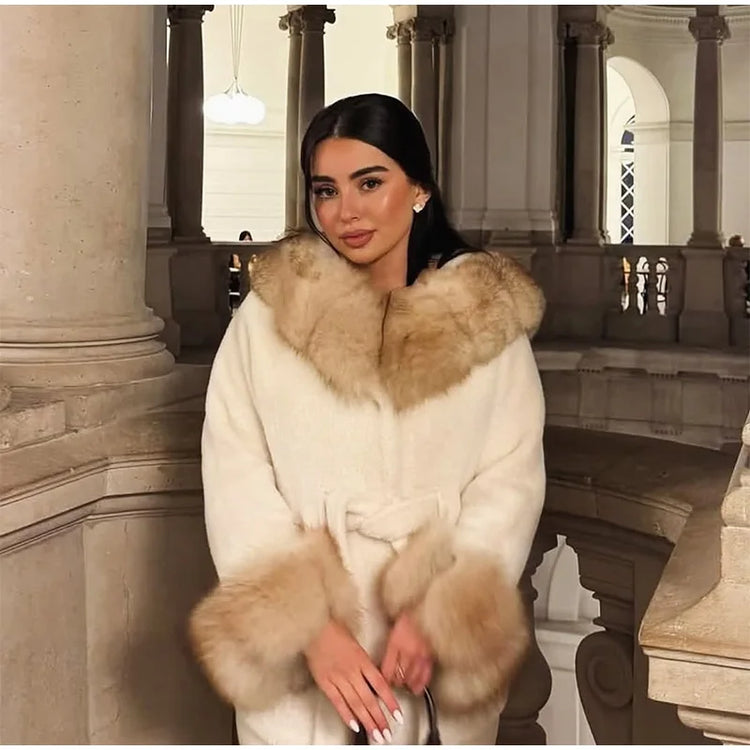 Cotton Lined Furry Fur Collar Belts Jacket Women Fashion Long Sleeve Thicken Warm Female Coat 2025 Winter Street Casual Outwear