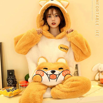 2024 New Plush Pajamas Set for Women Thick Hooded Women 2 Piece Clothes Set Cute Rabbit Women Pyjamas Coral Fleece Warm Homewear