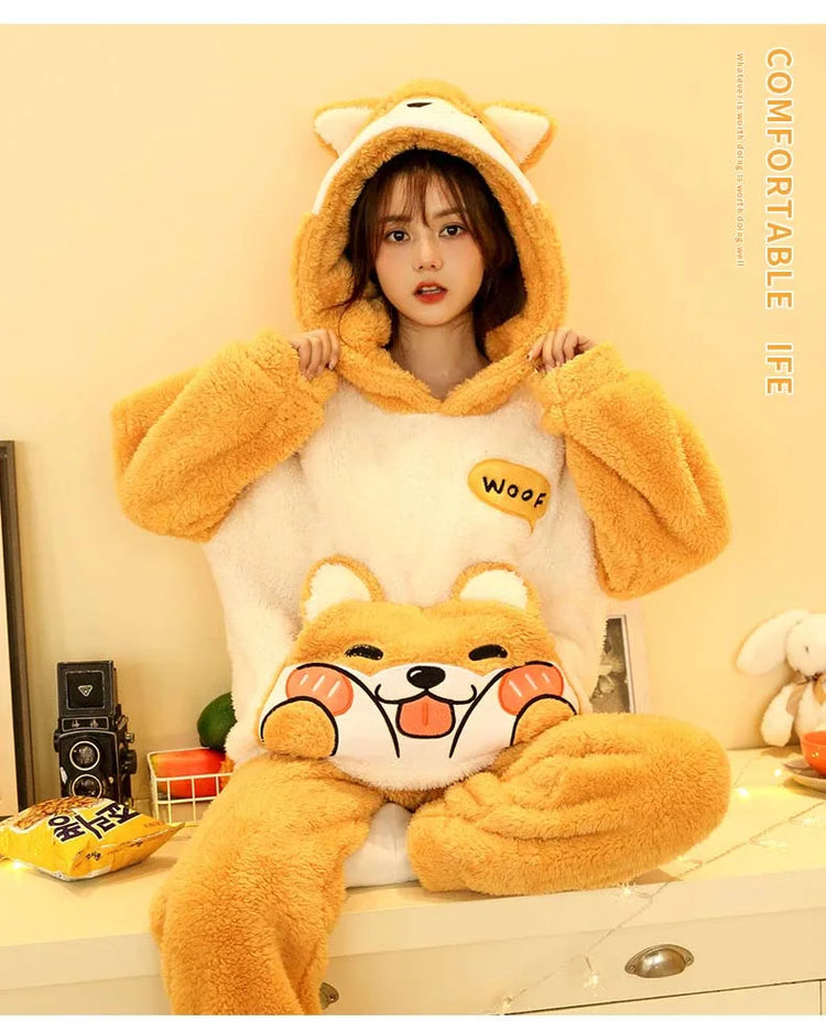 2024 New Plush Pajamas Set for Women Thick Hooded Women 2 Piece Clothes Set Cute Rabbit Women Pyjamas Coral Fleece Warm Homewear