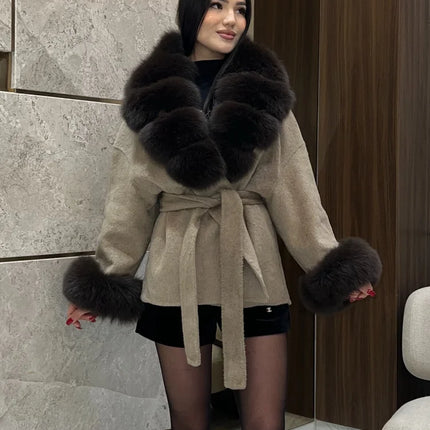 Women Wool Blend Coat Big Faux Fur Collar And Cuffs Belted Waist Wrap Loose Winter Jacket Thick Warm Elegant Lady Outerwears