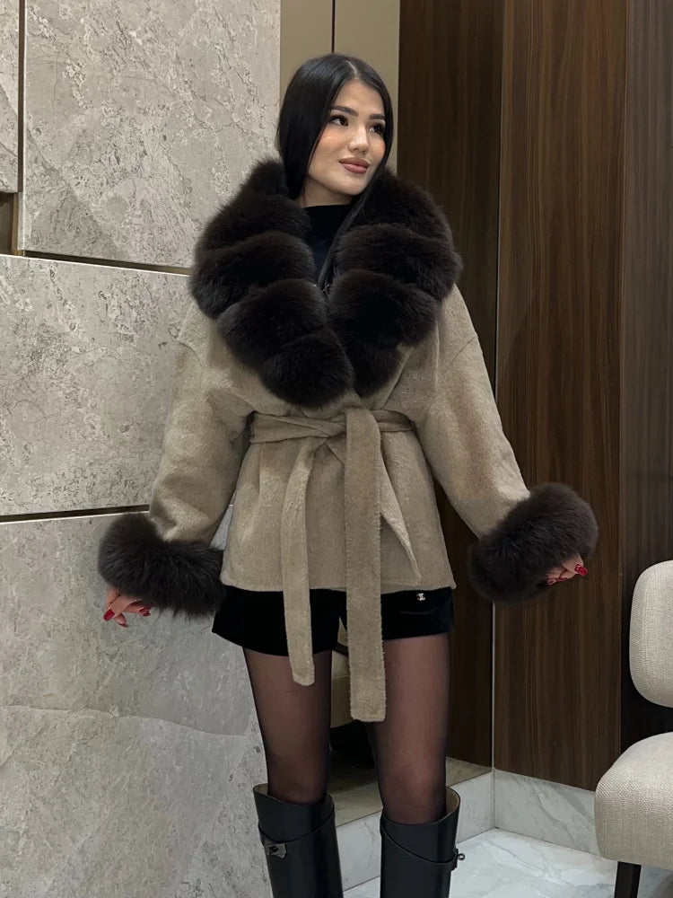 Women Wool Blend Coat Big Faux Fur Collar And Cuffs Belted Waist Wrap Loose Winter Jacket Thick Warm Elegant Lady Outerwears