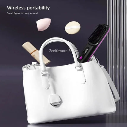 Electric Lcd USB Ceramic Heated Straight Hair Comb, Wireless Portable Negative Ion Styling Tool, Rechargeable Straightening Brush