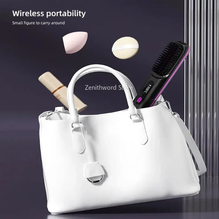 Electric Lcd USB Ceramic Heated Straight Hair Comb, Wireless Portable Negative Ion Styling Tool, Rechargeable Straightening Brush