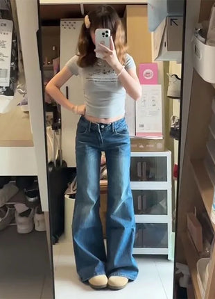 2025 Vintage High Street Jeans a vita bassa Donna Estate All-Match Gamba larga Y2K Pantaloni in deni