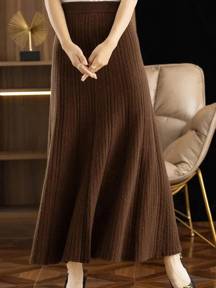 Elegant Women's Pleated Skirt 100% Merino Wool Skirt A-Line Long Skirt Soft Warm Autumn Winter Dress Slim Elastic Waist Office PlatiNum