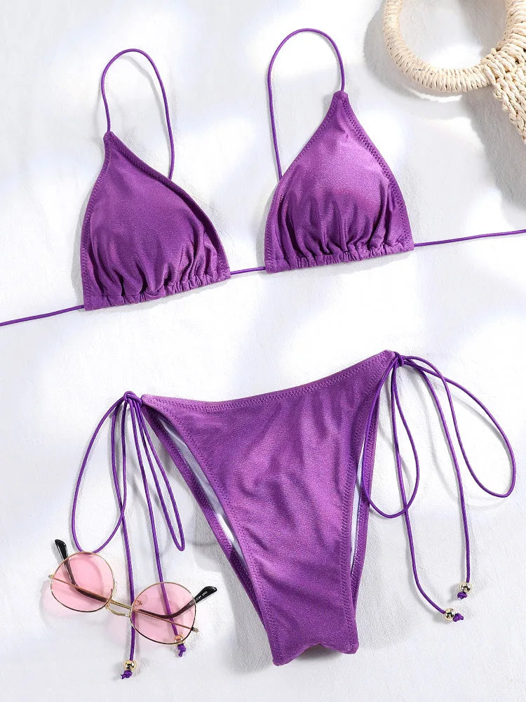 Set Bikini Triangolo Sexy Micro Thong, Costume da Bagno Donna, Biquini con Lacci, Abbigliamento da Spiaggia Stampato, Bikini Thong platinumshop