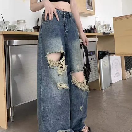 Pantaloni di jeans casual Jeans da donna Pantaloni dritti vintage Autunno Primavera Moda femminile Pantaloni a gamba larga blu Jeans con foro