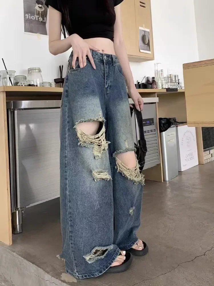 Pantaloni di jeans casual Jeans da donna Pantaloni dritti vintage Autunno Primavera Moda femminile Pantaloni a gamba larga blu Jeans con foro