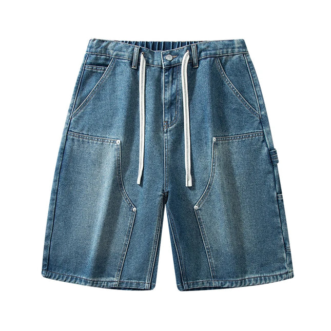 Pantalones cortos de mezclilla de hombre moda streetwear verano suelta vintage Harajuku splicing hip-hop cargo moto jeans cortos negro azul