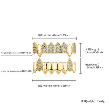 Hip Hop Full CZ Stone Teeth Grillz Caps Cubic Zircon Iced Out Micro Pave Top&Bottom Charm Grills for Men Women Punk Jewelry PlatiNum