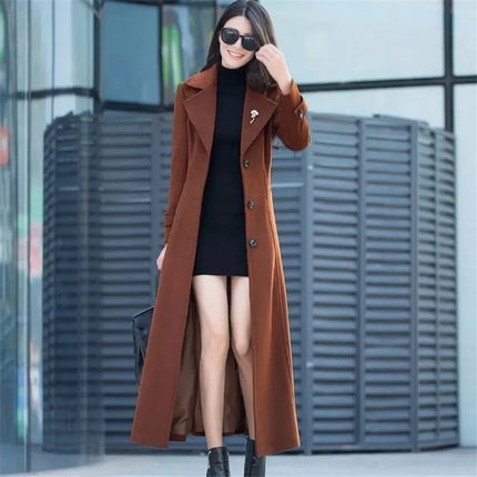 New Women's Spring Autumn Winter Woolen Coat Slim  Long Over The Knee Lining Woolen Windbreaker Outerwear Match Belt Female