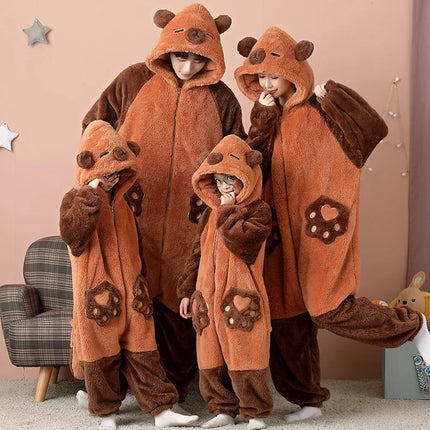 Family Matching Hooded Jumpsuit Cartoon Cypabara Onesie Winter Warm Sleepwear Boys Girls Pajamas Christmas Cartoon Home Clothes