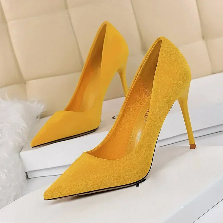 Donne 9 cm Tacchi alti Festa quotidiana Décolleté in pelle scamosciata colorata Scarpins femminili Stiletto Banchetto serale Rosso Giallo Scarpe Plus Size 34-43