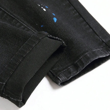 Men y2k Stretchy Skinny Denim Jeans For Men Casual pants Ripped Patchwork Hole Slim Fit Denim Hip Hop Black Straight Trousers PlatiNum