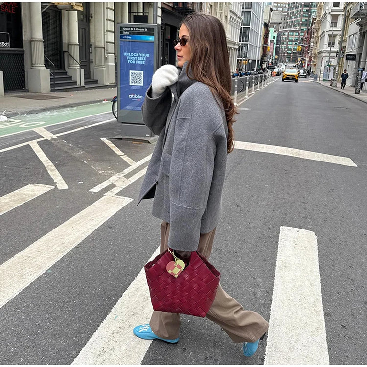 Elegant Women's Belt Short Woolen Coats Loose Stand Collar Single-breasted Long Sleeve Jacket 2026 Autumn Lady Commute Outwear
