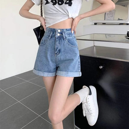 Women's summer thin denim shorts with loose fit high waist slimming effect wide legs and rolled edge hot pants for outerwear PlatiNum