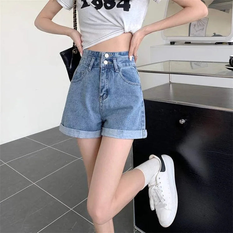 Women's summer thin denim shorts with loose fit high waist slimming effect wide legs and rolled edge hot pants for outerwear PlatiNum