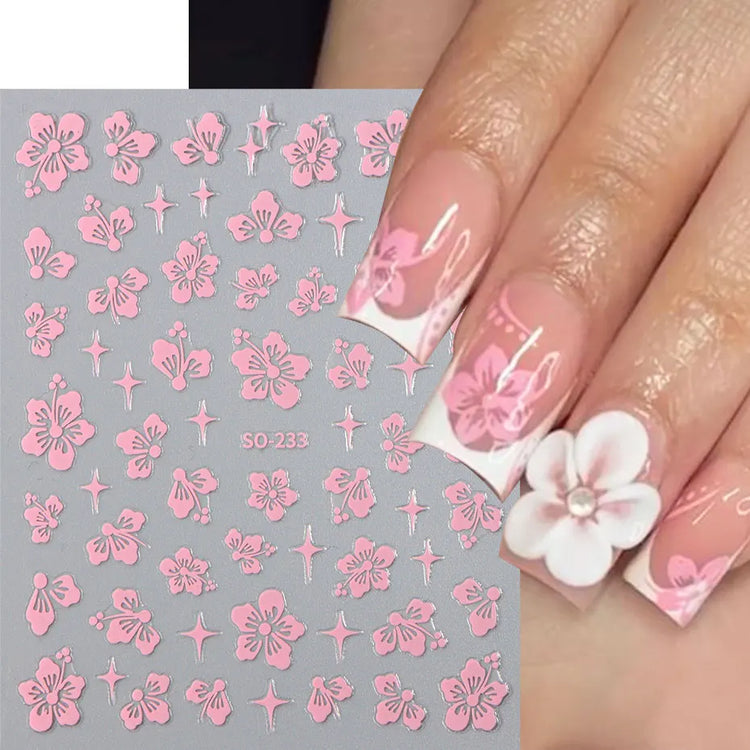4pcs Hibiscus Flower Nail Art Sticker 3D White Pink Floral Decal Y2K Gold Silver Petal DIY Romantic Self-Adhesive Manicure Decor