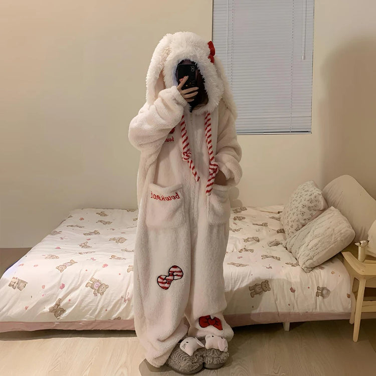 Thick Winter Pajamas Cute Coral Fleece Hooded Pajamas Y2K Kawaii Rabbit Anime Women's Pajamas Cartoon Warm Home Clothesnew Model