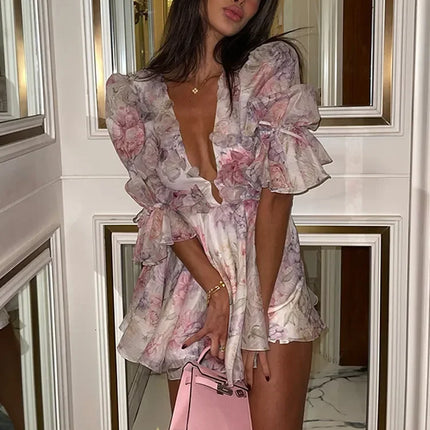 Elegant Mini Dress with Ruffles and Floral Patterns, Chic with Long Sleeves, Deep V-Neck, Slim Fit, A-Line, Short, 2026 Collection, Holiday and Street Dress for Women