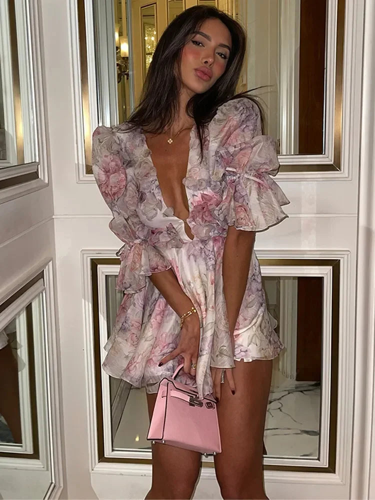 Elegante Abito Mini con Volant e Motivi Floreali, Chic con Maniche Lunghe, Scollo a V Profondo, Slim Fit, Linea A, Corto, Collezione 2026, Vestito da Vacanza e da Strada per Signora