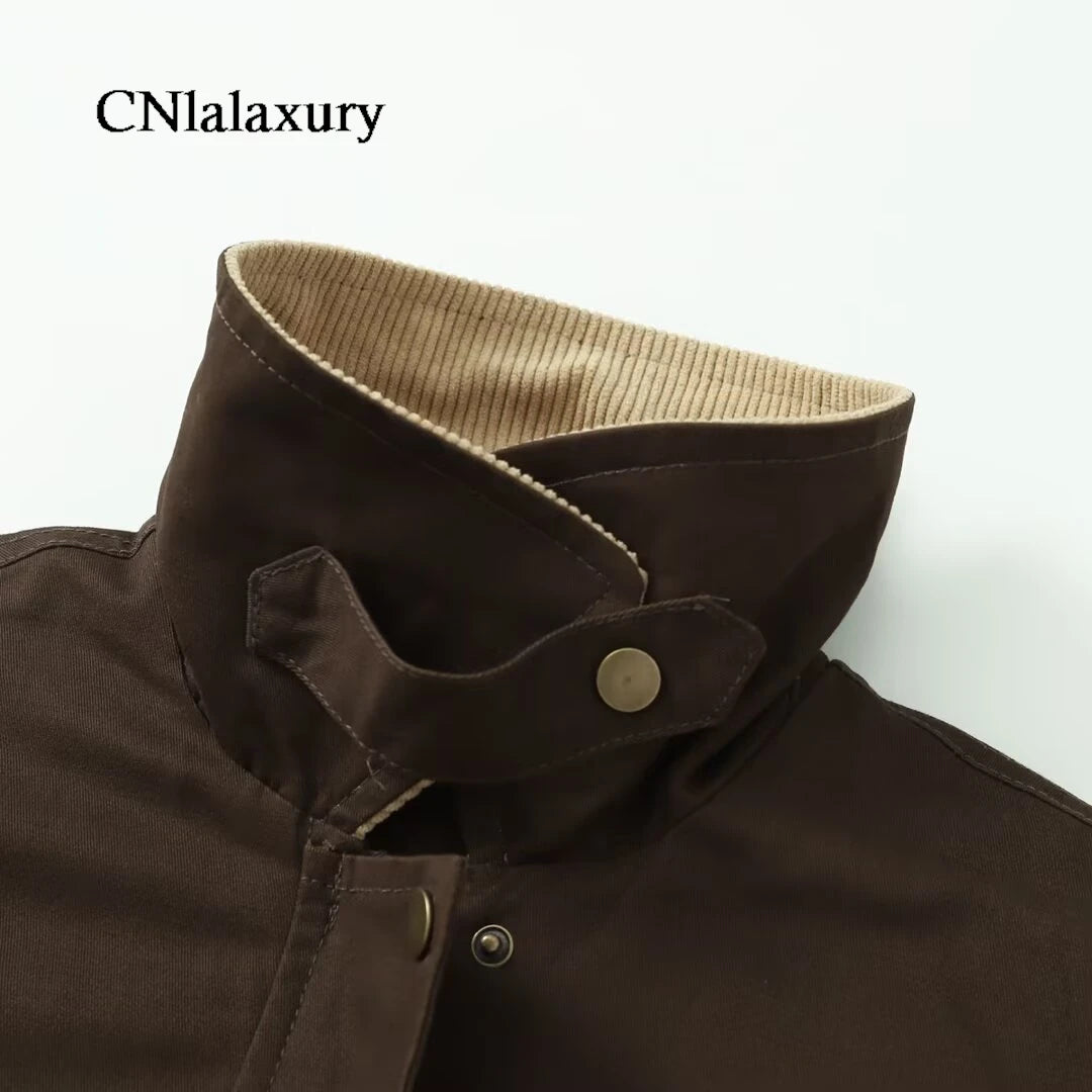 CNlalaxury Women 2025 Autumn New Fashion Contrast Collar Long Sleeve Jacket Casual Warm Coat High Street Outerwear Mujer