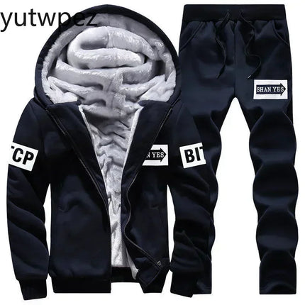 M-6XL Men's Winter 2 Piece Tracksuit Set, Thickened Warm Hooded Coat & Sweater, Outdoor Hiking Cycling Camping Running Outerwear