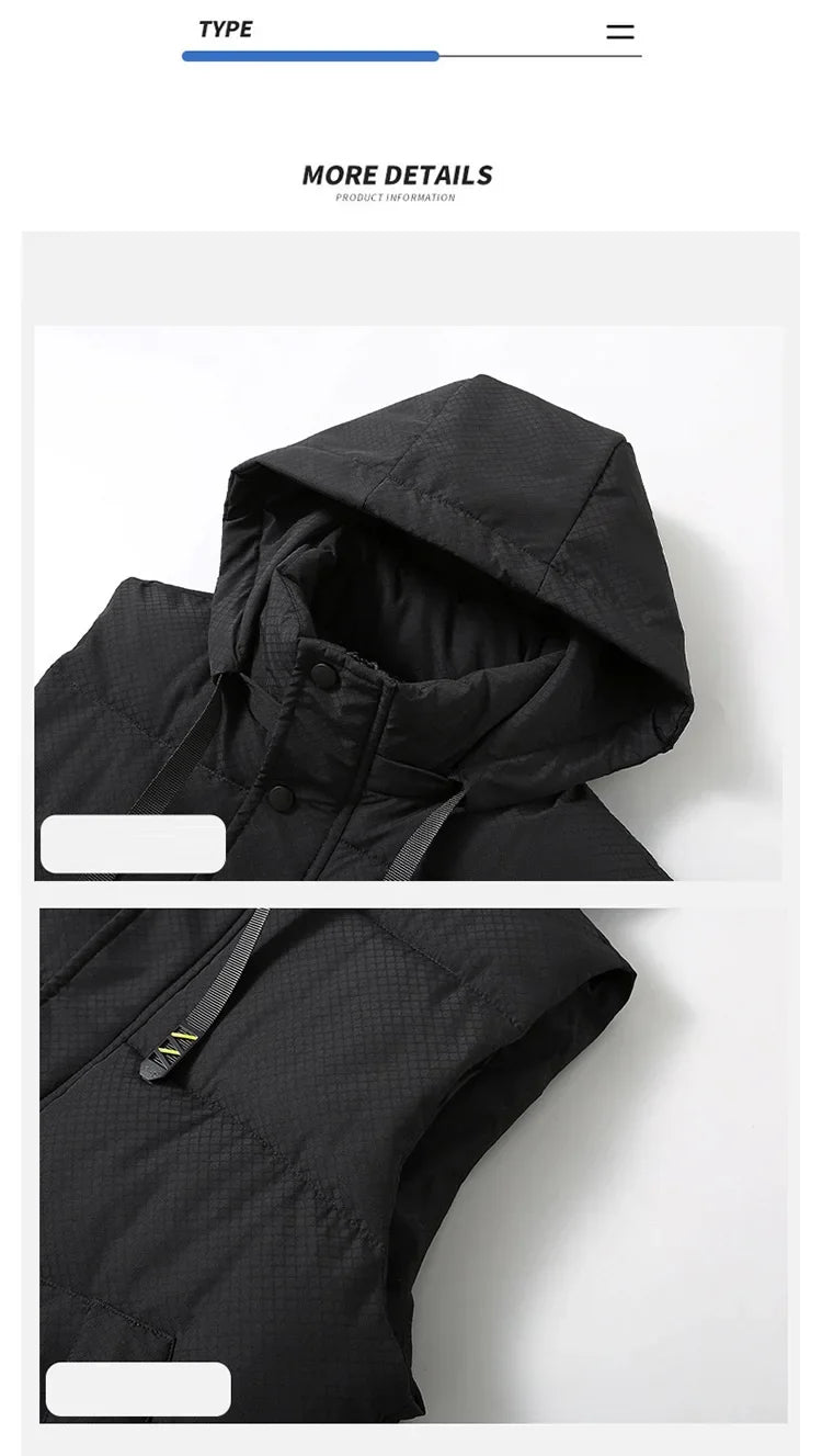 Big Size Men Padded Vest Winter Hooded Zip-up Sleeveless Jacket Padding Golf Cotton Waistcoat Work Warm Large Pocket Plus 8XL